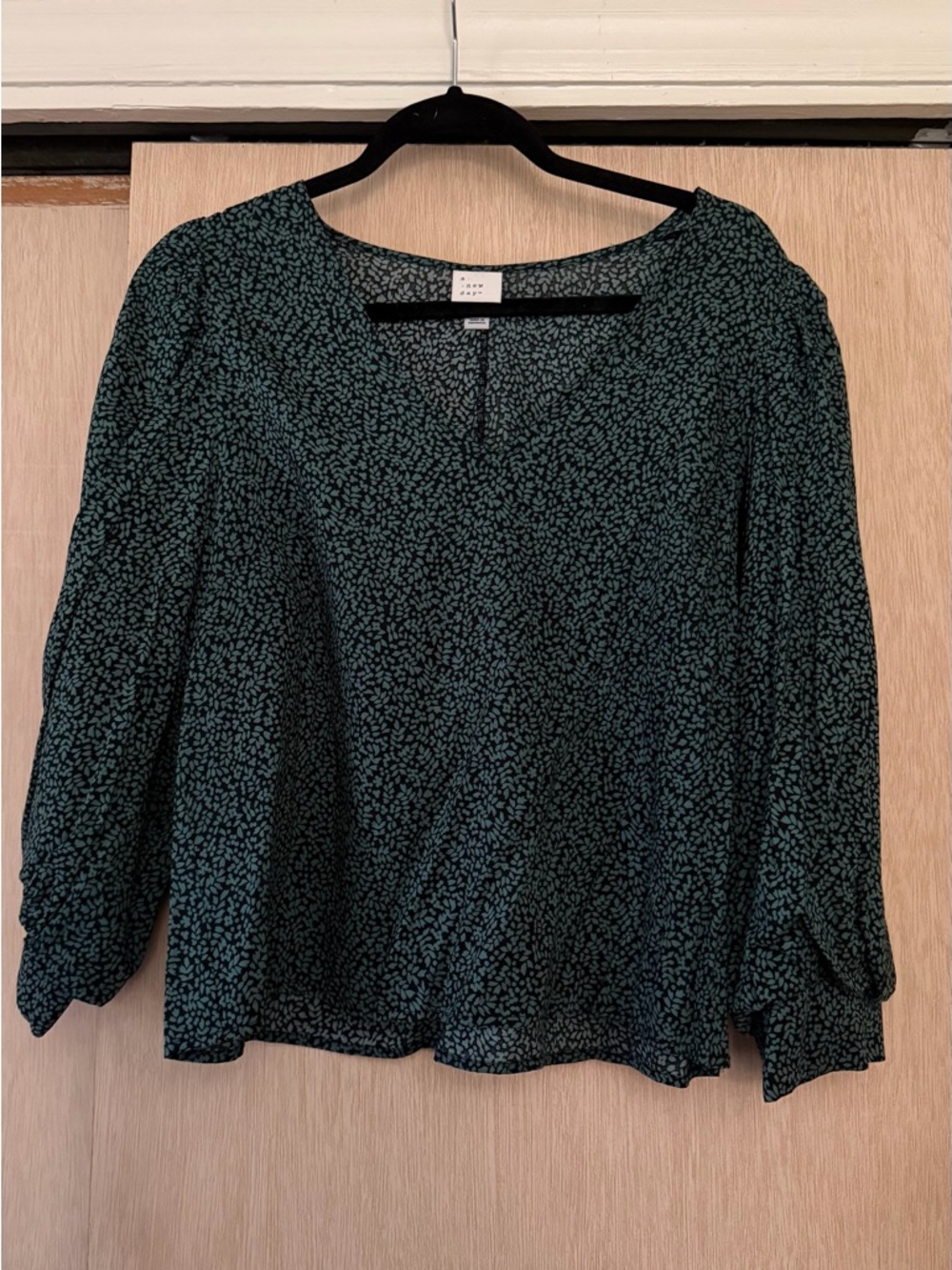 Teal Green Printed V-Neck Long-Sleeve Blouse